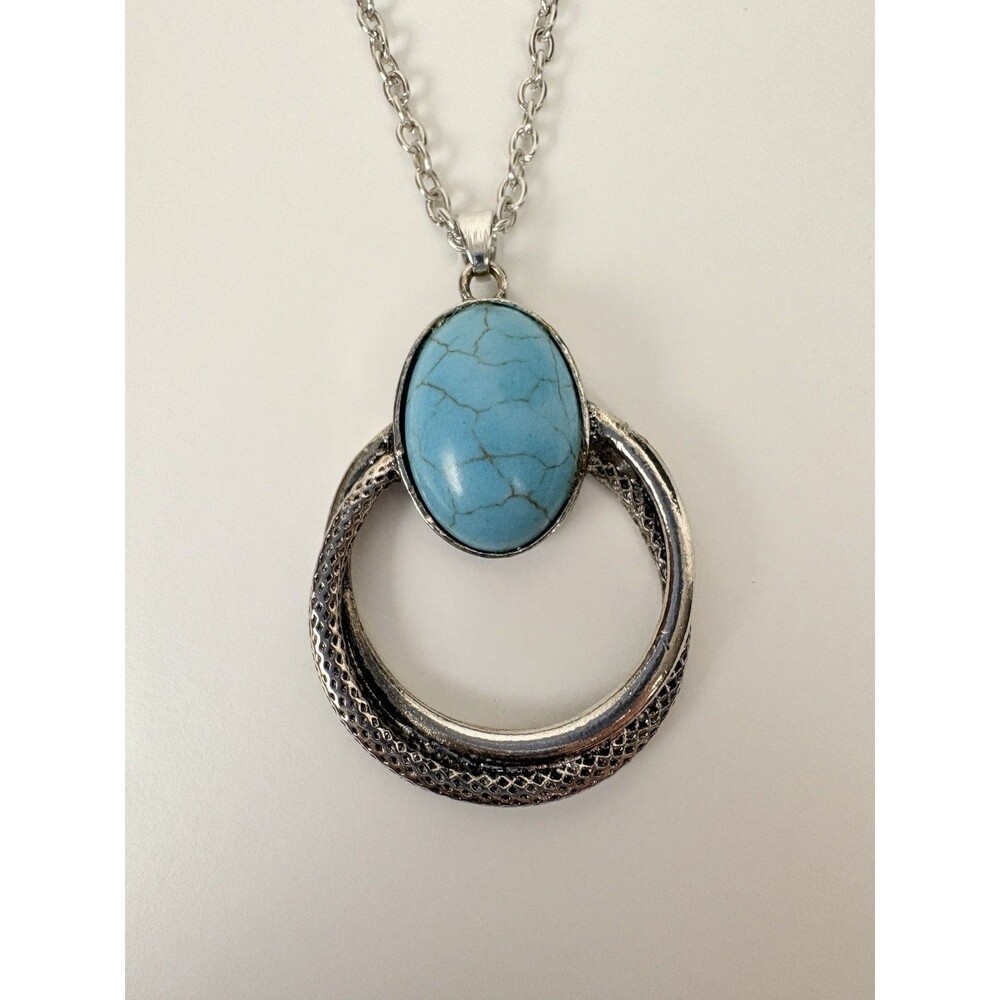 Silver Tone Oval Turquoise Pendant Long 36” Chain Open Circle Classic Lobster